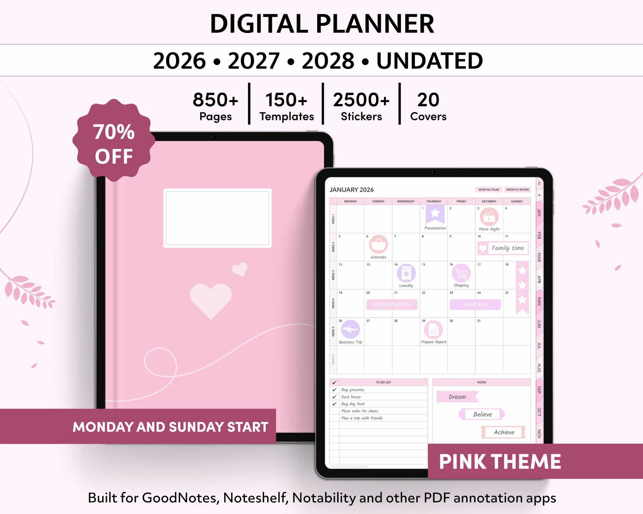 Digital Planner 2026, 2027, 2028, Undated, Pink GoodNotes Planner, Cute iPad Planner, Daily Weekly Monthly Agenda